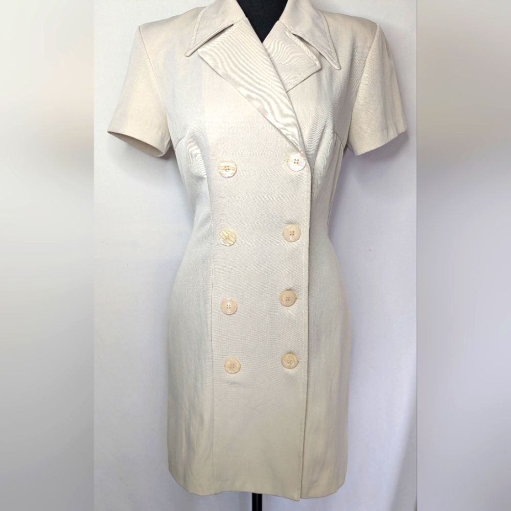 My Michelle Vintage Sheath Dress Beige Sz 7/8 Double Breasted Button Front R-2